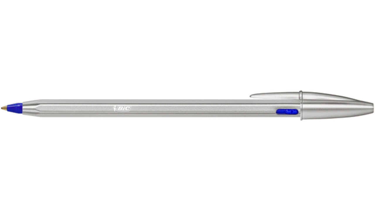 Balpen Bic Cristal Re-new medium zilver + 2 vullingen blauw