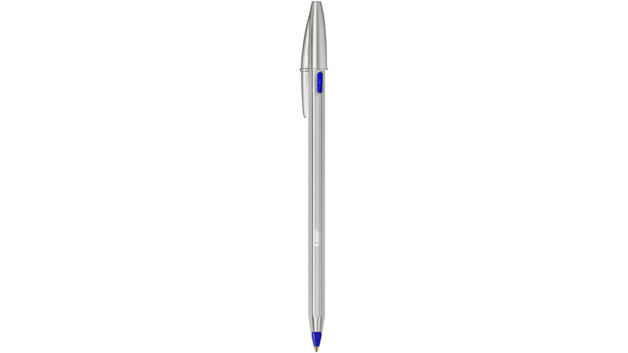 Balpen Bic Cristal Re-new medium zilver + 2 vullingen blauw