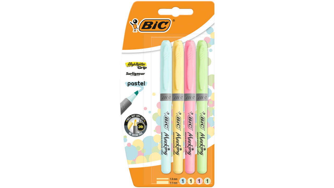Markeerstift Bic grip pastel assorti blister à 4 stuks