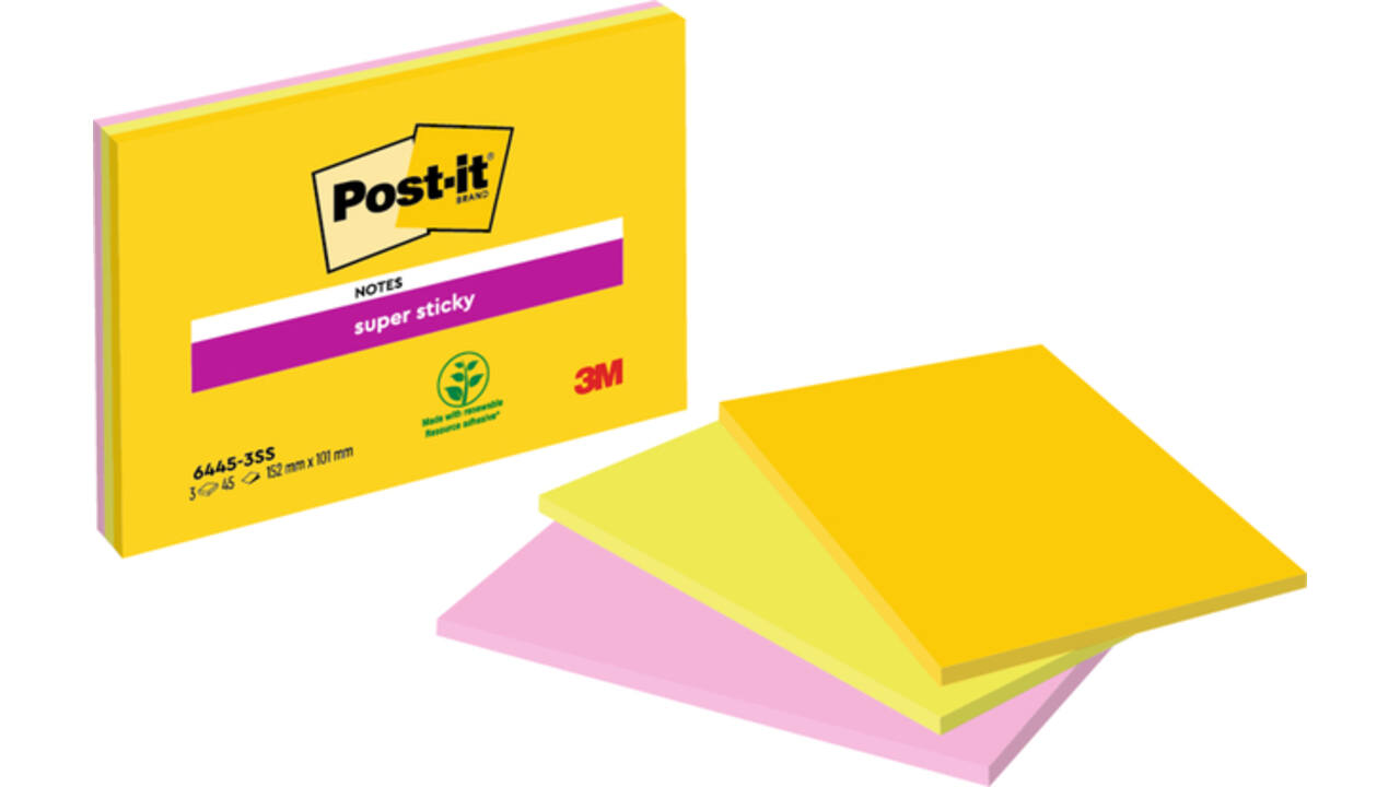 Memoblok Post-it 6445 Super Sticky 152x101mm assorti 3st