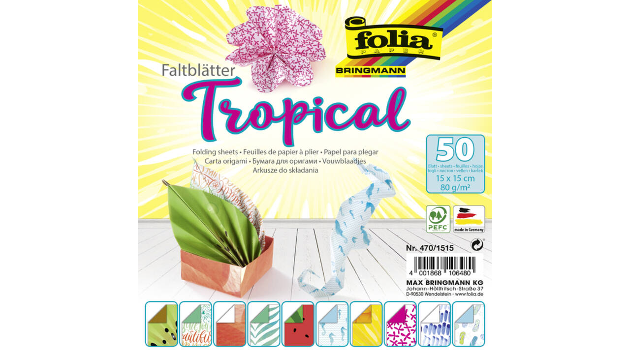 Vouwblaadjes Folia 80gr 15x15cm 50 vel 2-zijdig 10 tropical designs