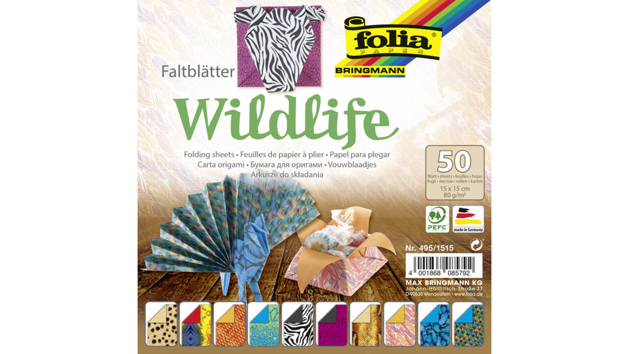 Vouwblaadjes Folia 80gr 15x15cm 50 vel 2-zijdig 10 wildlife designs