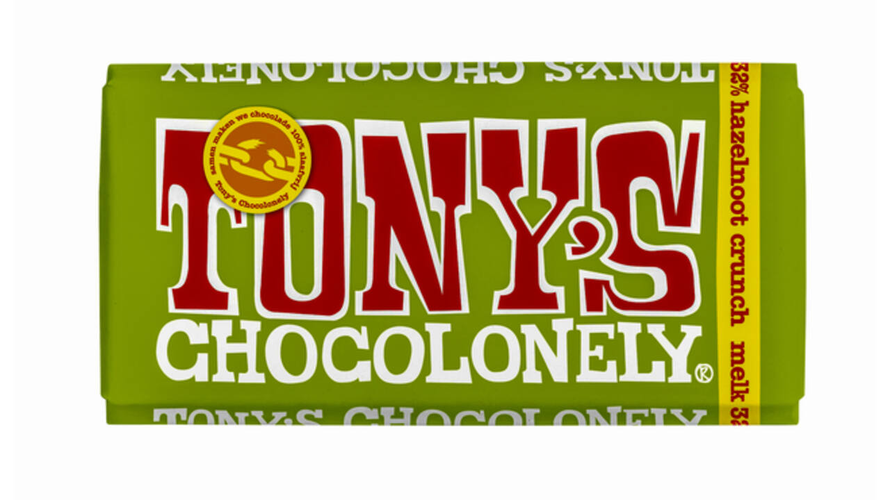 Chocolade Tony's Chocolonely melk hazelnoot crunch reep 180gr