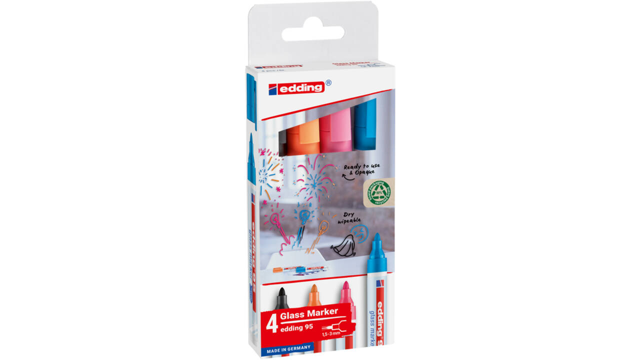 Viltstift edding 95 glasbord rond 1.5-3mm incl zwart assorti 4 stuks