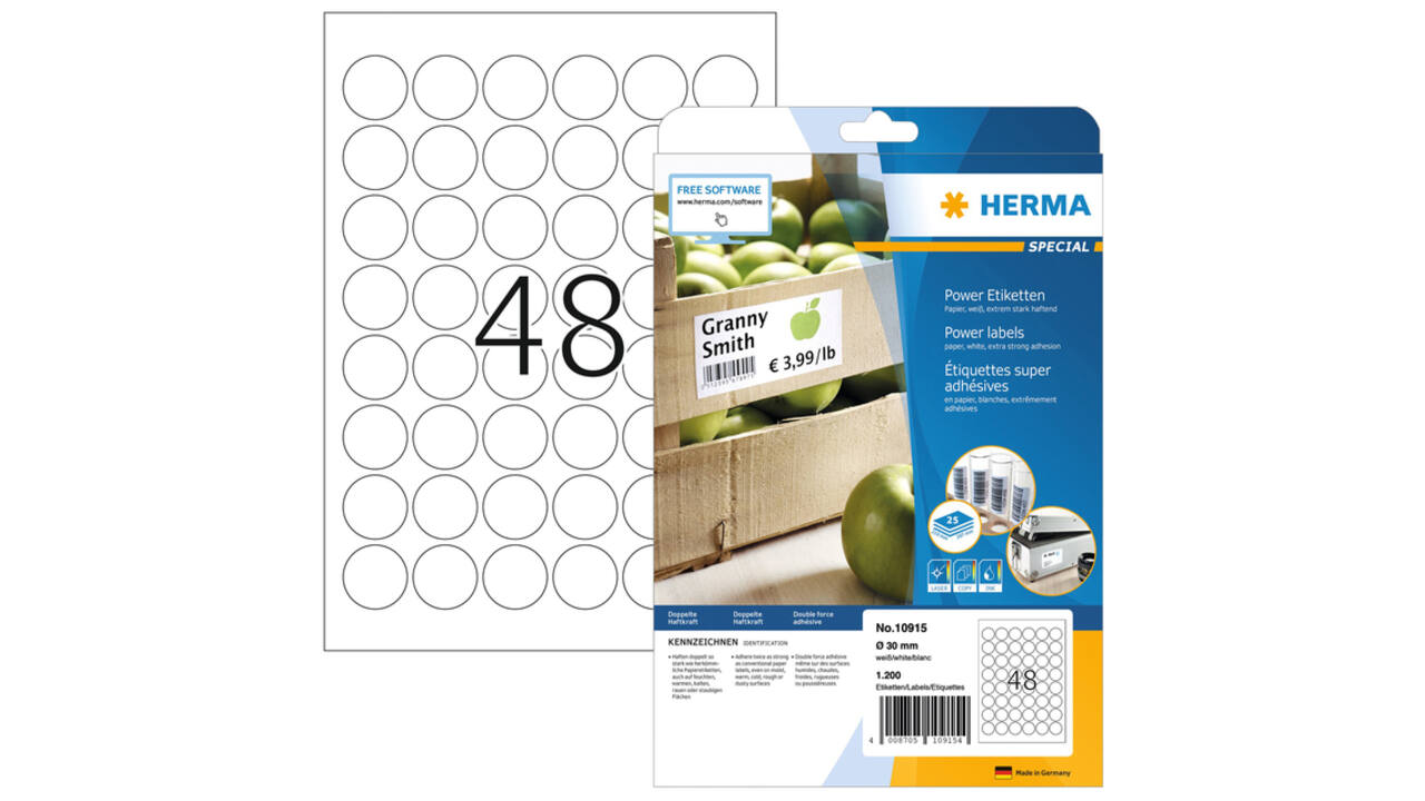 Etiket HERMA Power 10915 rond 30mm wit 1200 stuks