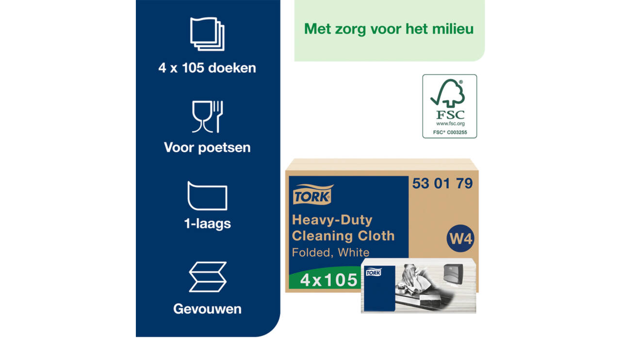 Reinigingsdoek Tork W4 Premium Heavy-Duty gevouwen 1-laags 4x105 vel wit 530179