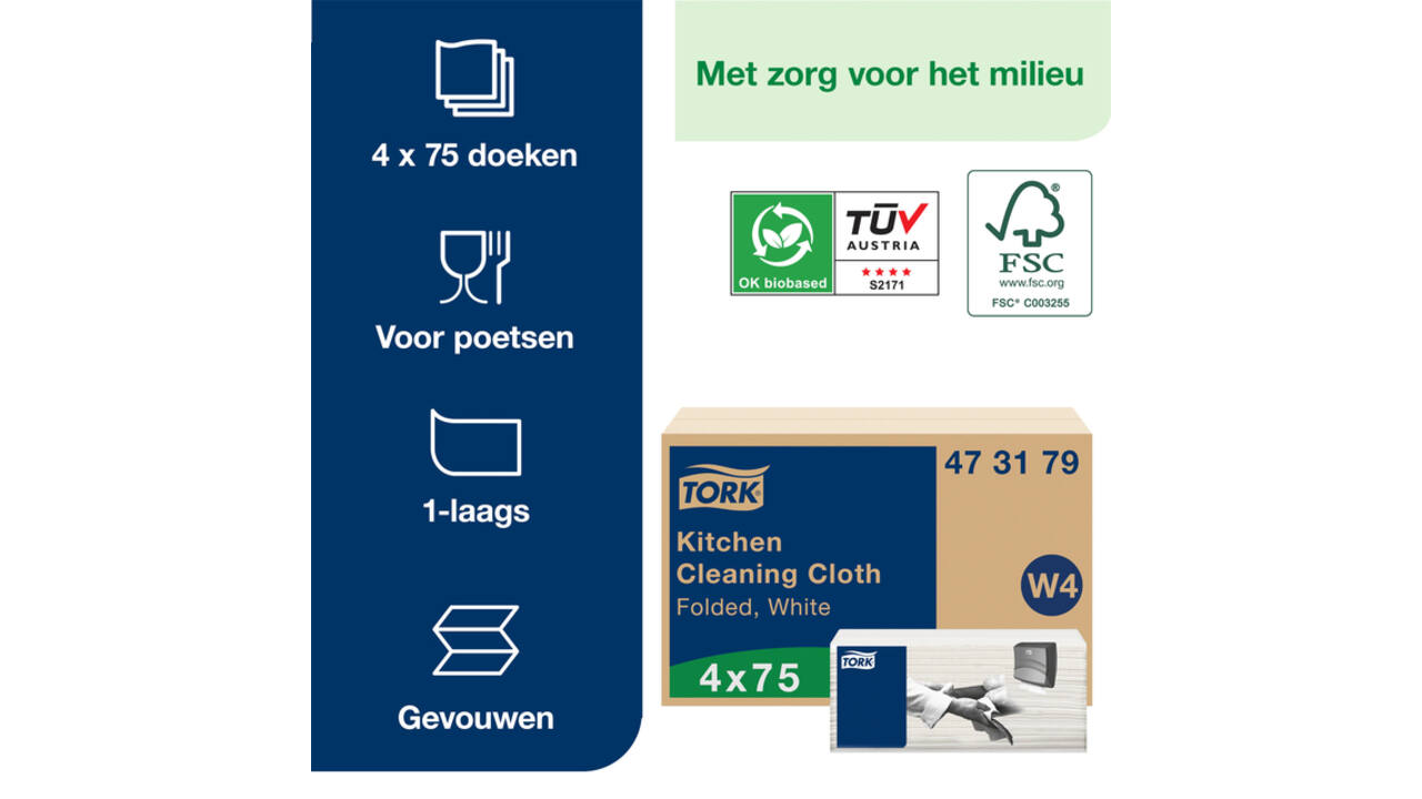 Reinigingsdoek Tork W4 Premium gevouwen 1-laags 4x75 vel wit 473179
