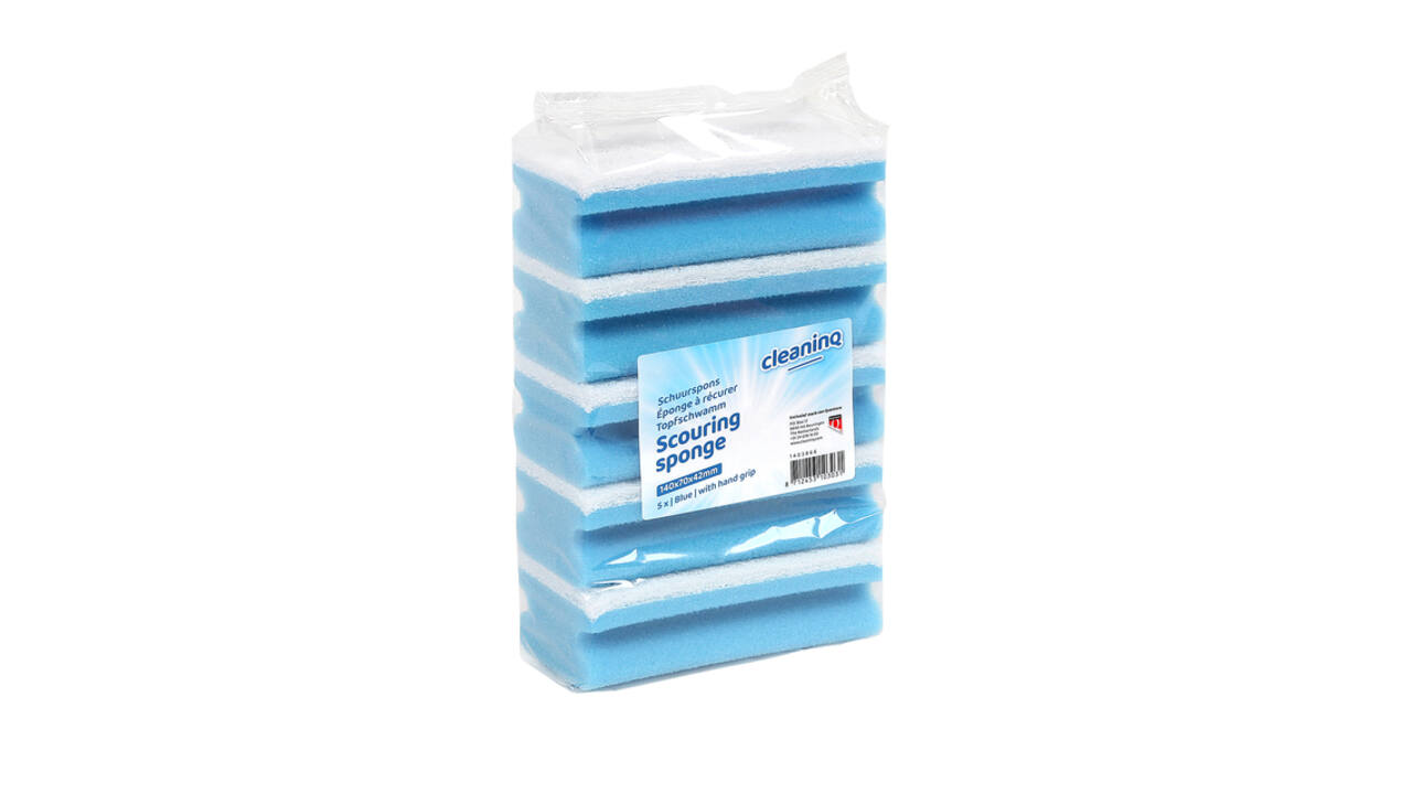 Schuurspons Cleaninq met greep 140x70x42mm blauw/wit 5 stuks