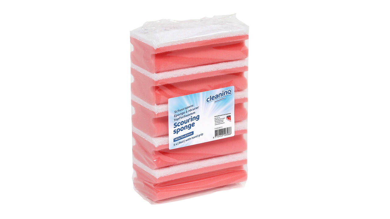 Schuurspons Cleaninq met greep 140x70x42mm rood/wit 5 stuks
