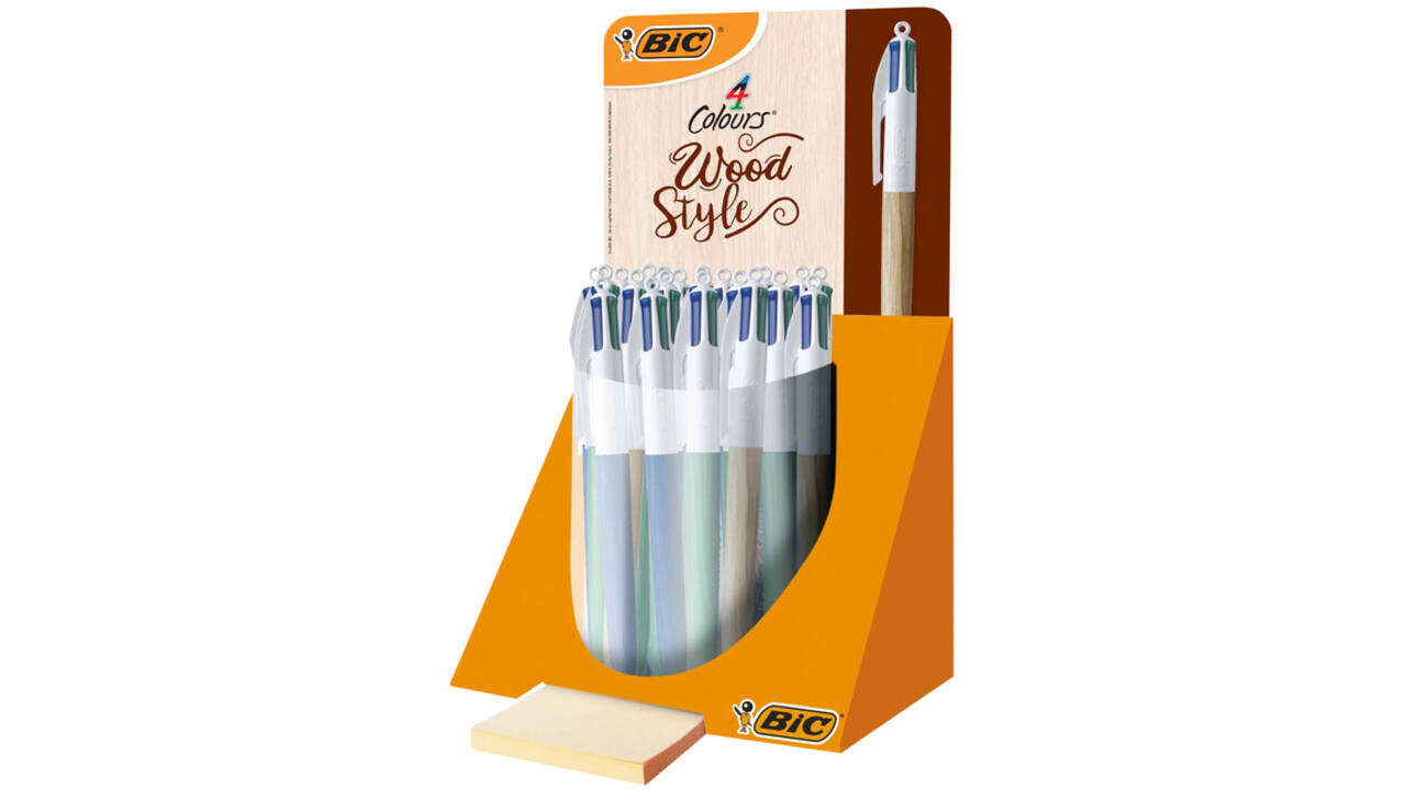 Balpen Bic 4kleuren wood medium assorti