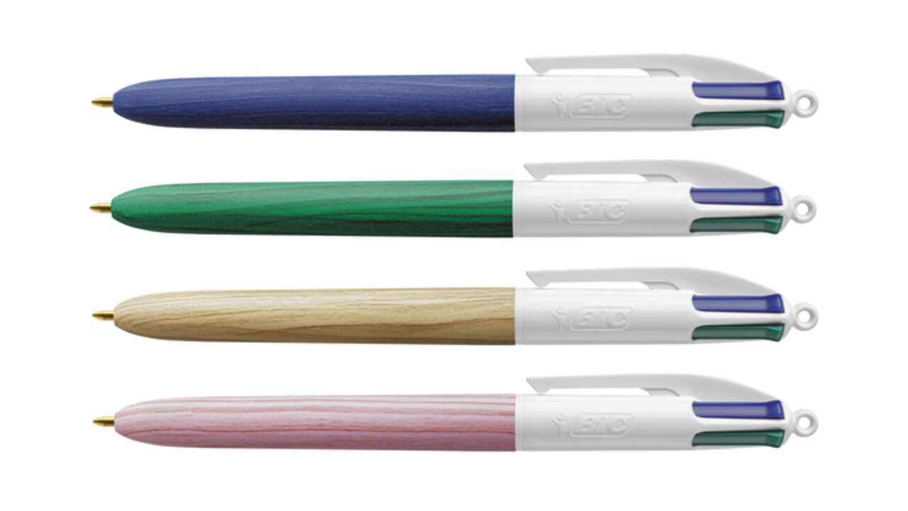 Balpen Bic 4kleuren wood medium assorti