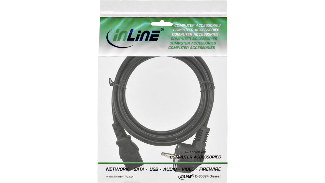Kabel inLine STROOM C13 recht - CEE7/7 haaks 1,8 meter zwart