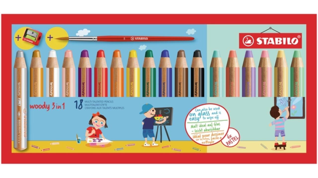 Kleurpotloden STABILO 880 woody 3 in 1 slijper-penseel assorti 18st