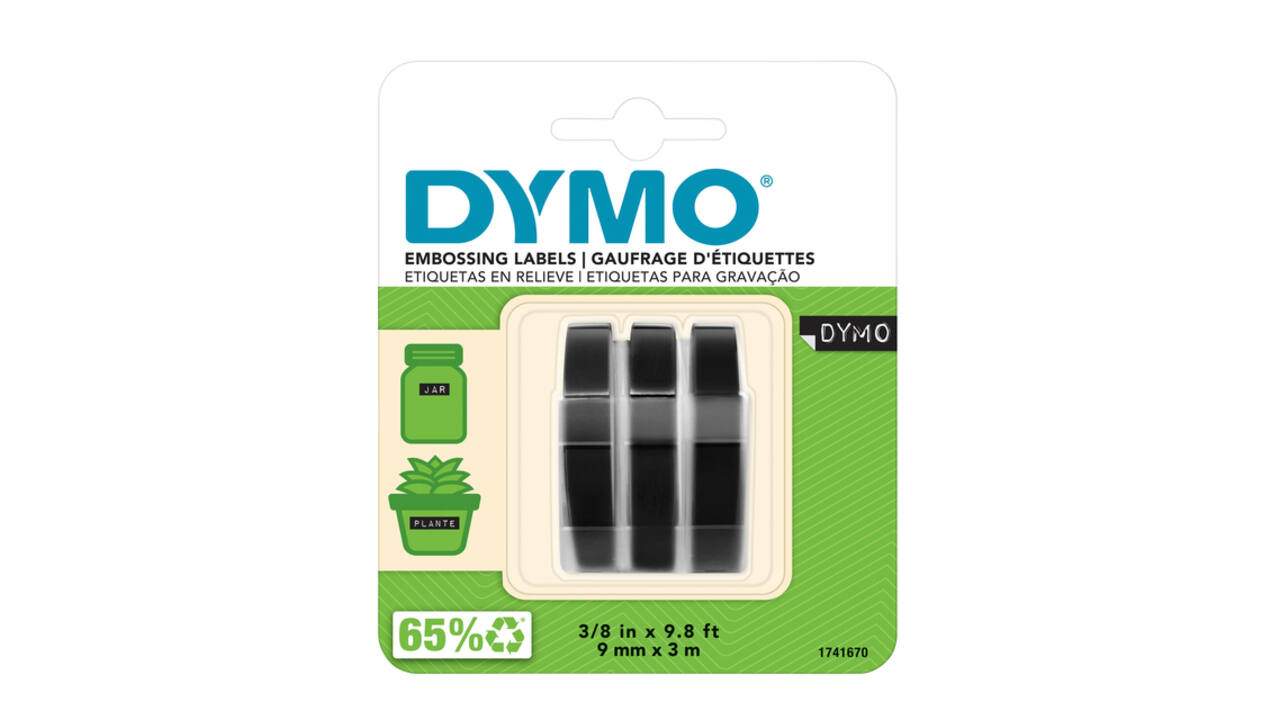 Reliëftape Dymo embossing plastic 9mm zwart op wit 3 stuks