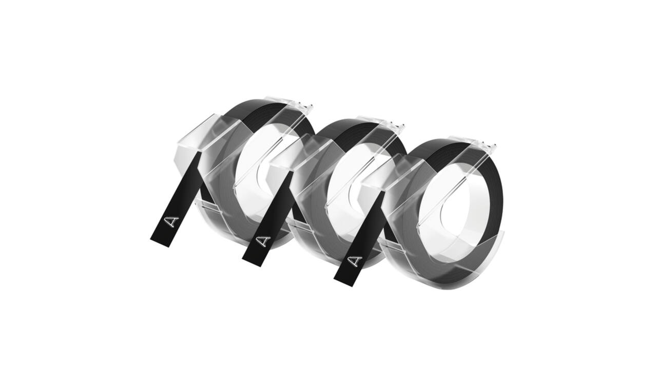 Reliëftape Dymo embossing plastic 9mm zwart op wit 3 stuks