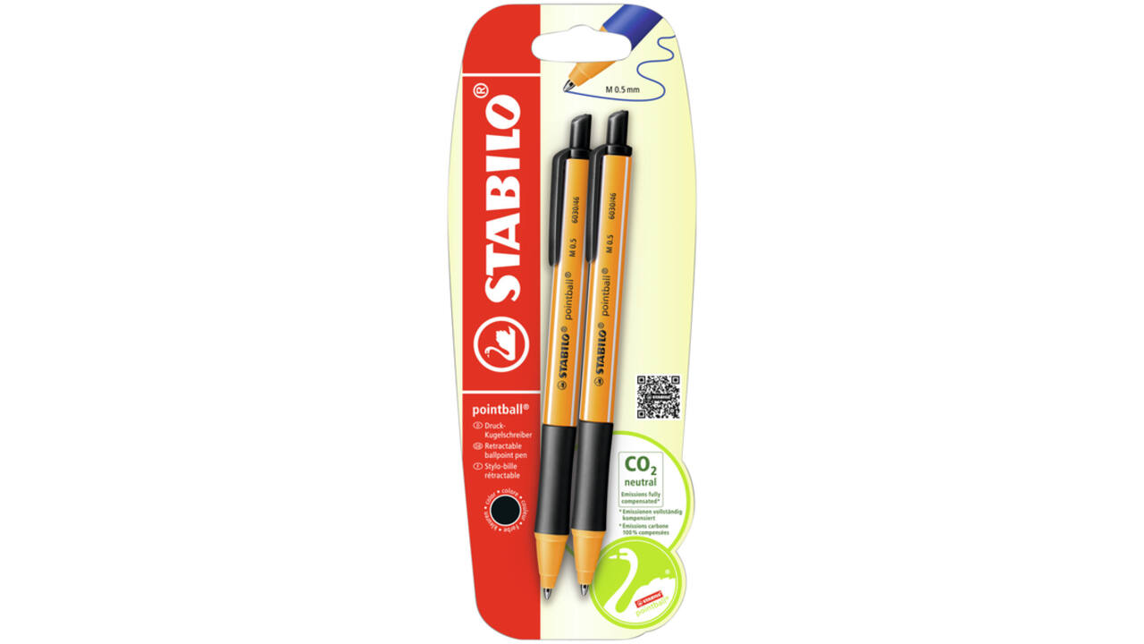 Balpen STABILO pointball 6030/46 medium zwart blister à 2 stuks