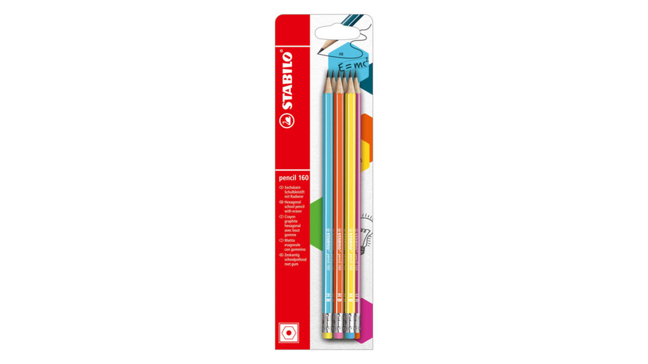 Potlood STABILO grafiet 160 HB met gumtop assorti blister à 6 stuks