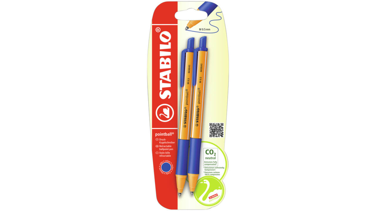 Balpen STABILO pointball 6030/41 medium blauw blister à 2 stuks