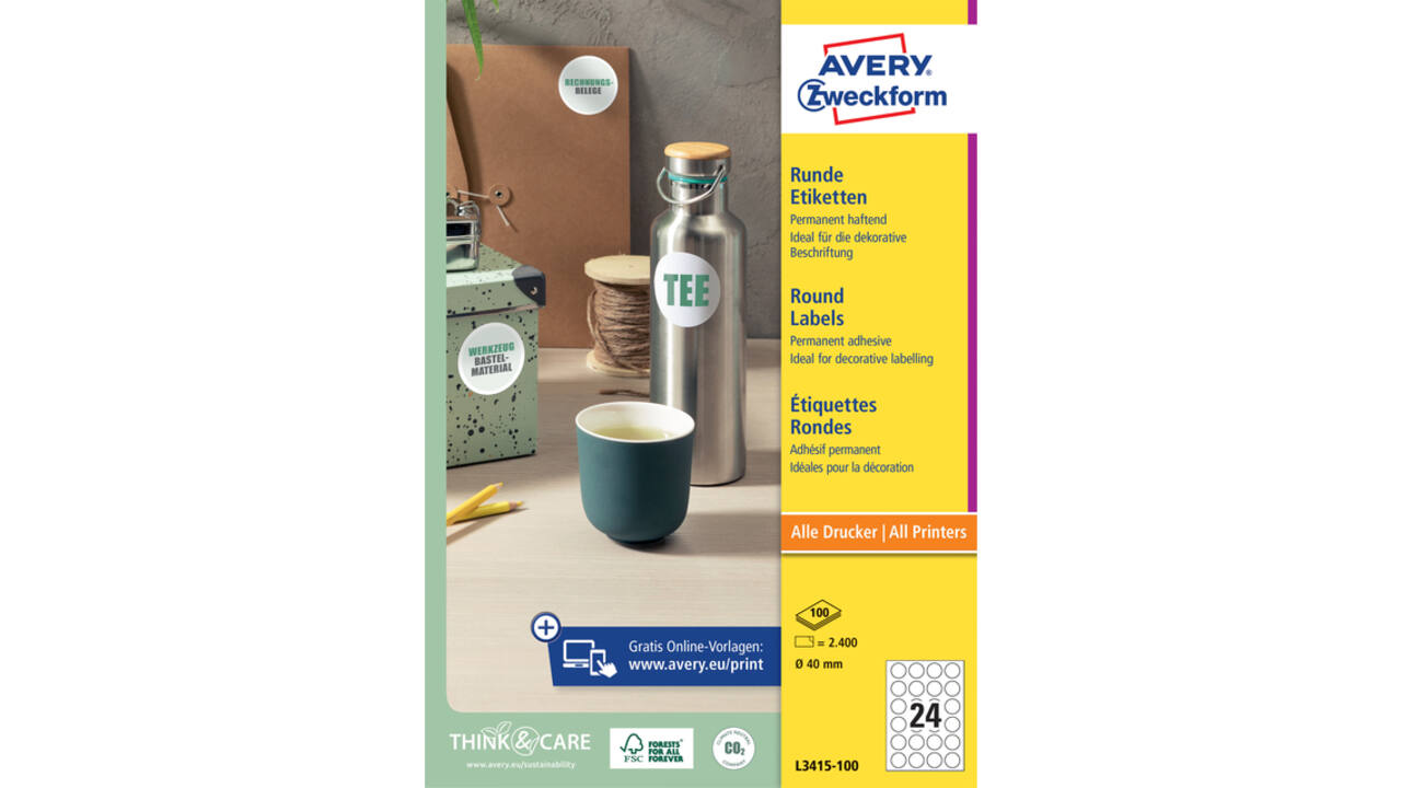 Etiket Avery L3415 rond 40mm wit 2400 stuks