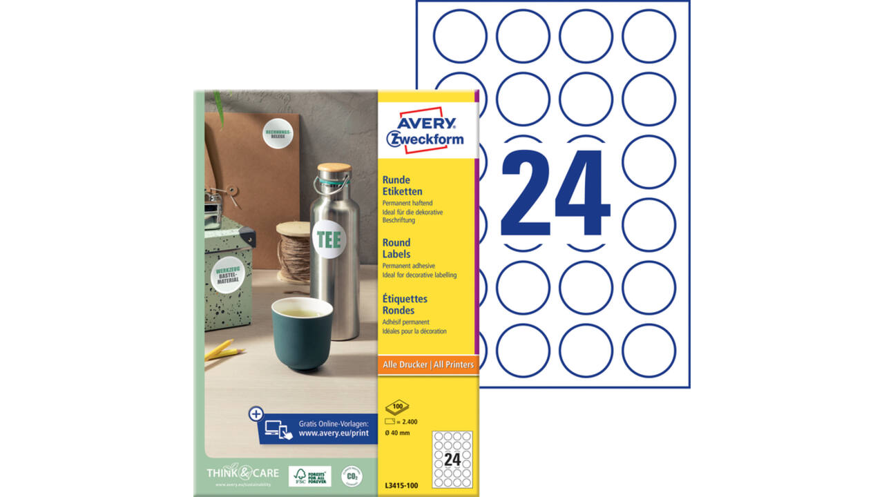 Etiket Avery L3415 rond 40mm wit 2400 stuks
