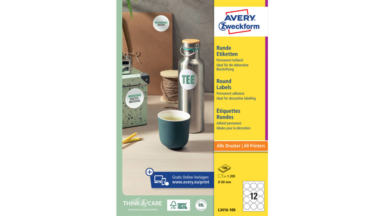 Etiket Avery L3416 rond 60mm wit 1200 stuks