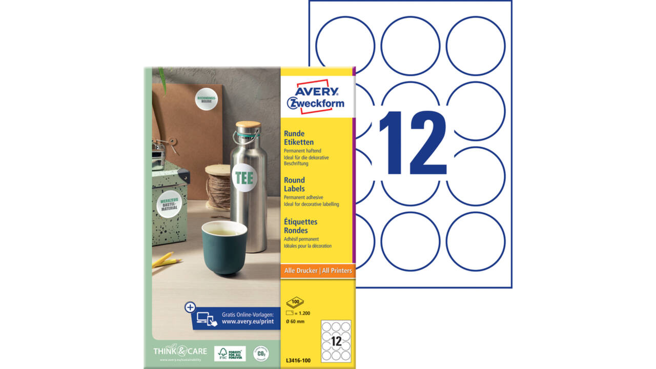 Etiket Avery L3416 rond 60mm wit 1200 stuks