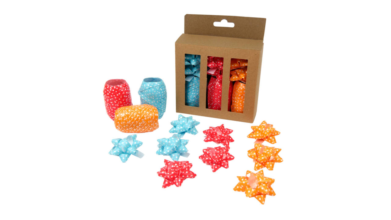 Krullint en strik rood/oranje/blauw 12 stuks