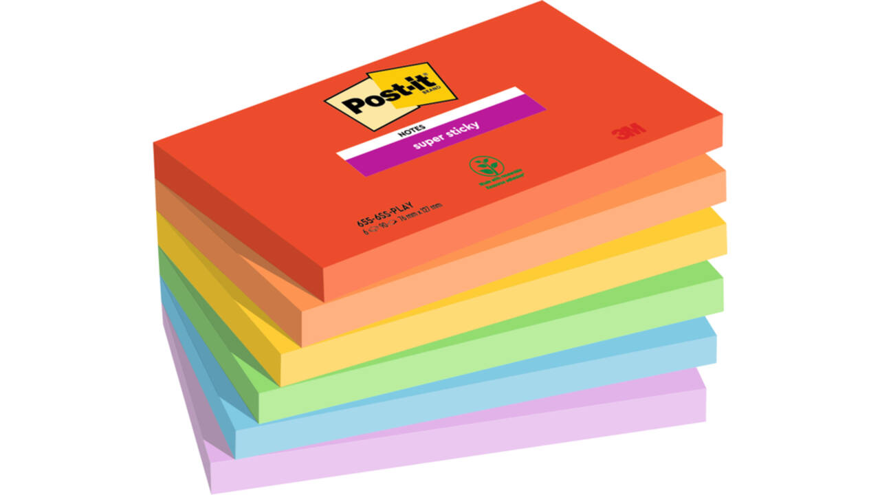 Memoblok Post-it 655 Super Sticky 76x127mm Playful 6 stuks