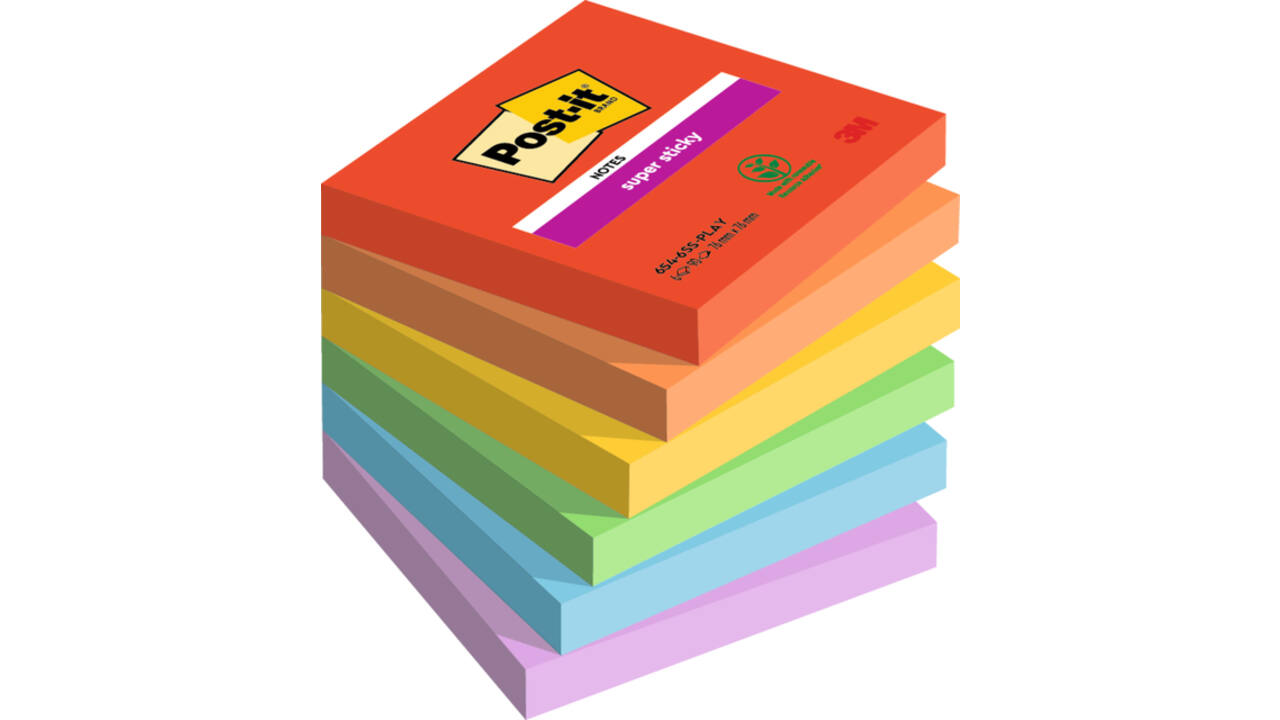 Memoblok Post-it 654 Super Sticky 76x76mm Playful 6 stuks