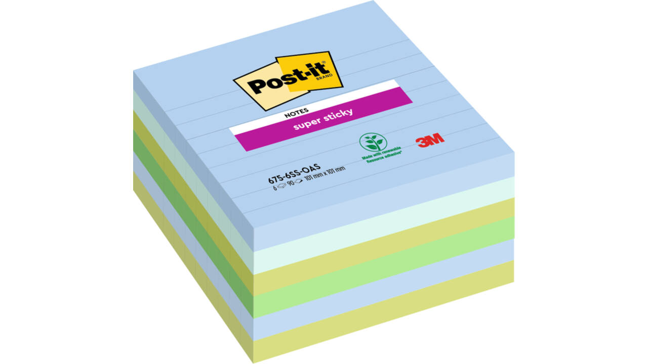 Memoblok Post-it 675-6 Super Sticky 101x101mm Oasis 6 stuks