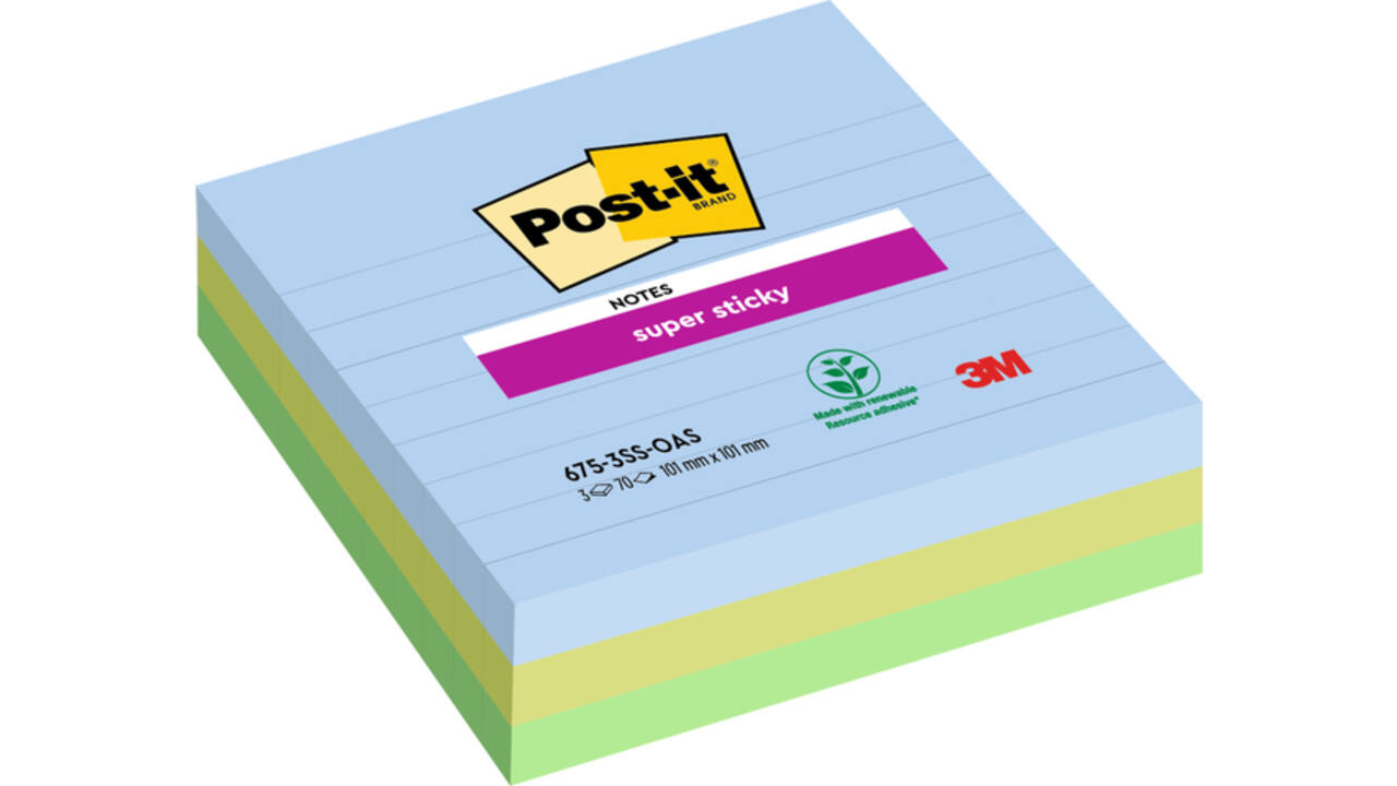 Memoblok Post-it 675-3 Super Sticky 101x101mm Oasis 3 stuks