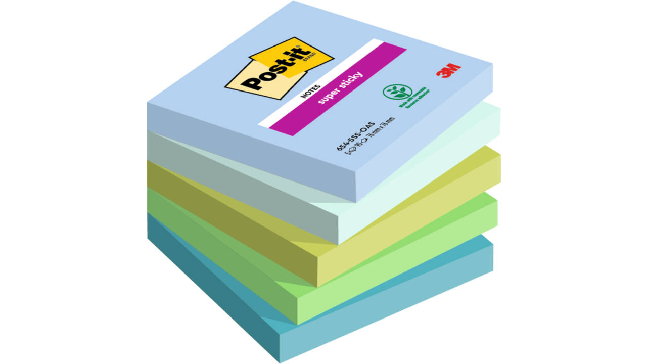 Memoblok Post-it 654 Super Sticky 76x76mm Oasis 5 stuks