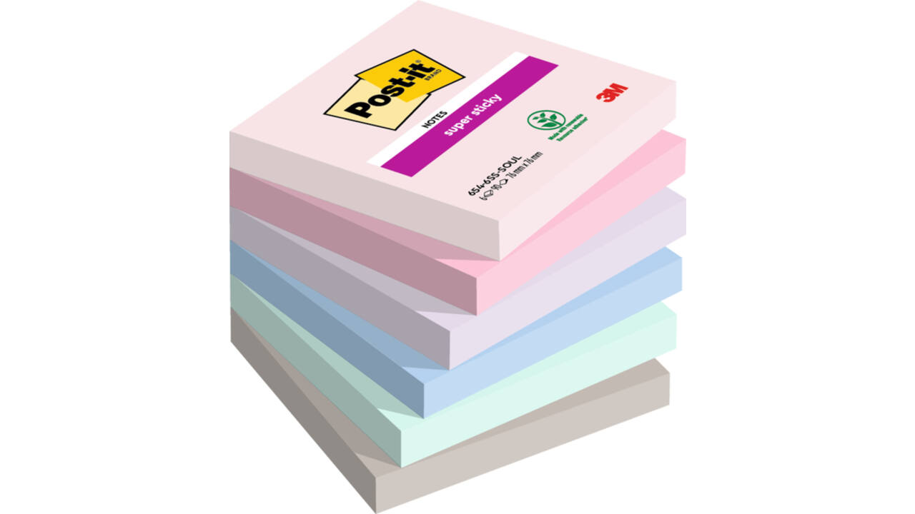 Memoblok Post-it 654 Super Sticky 76x76mm Soulful 6 stuks