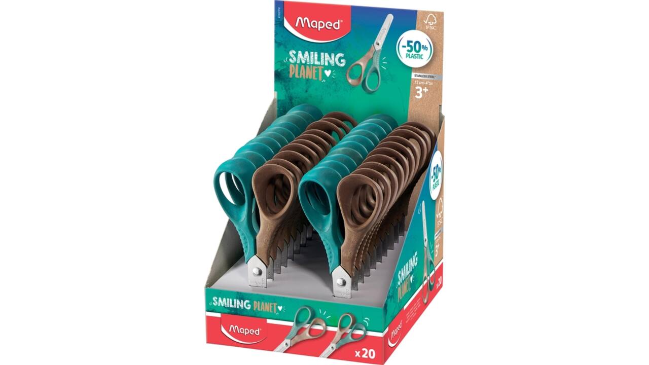 Schaar Maped Smiling Planet 12cm display à 20 stuks bruin/groen