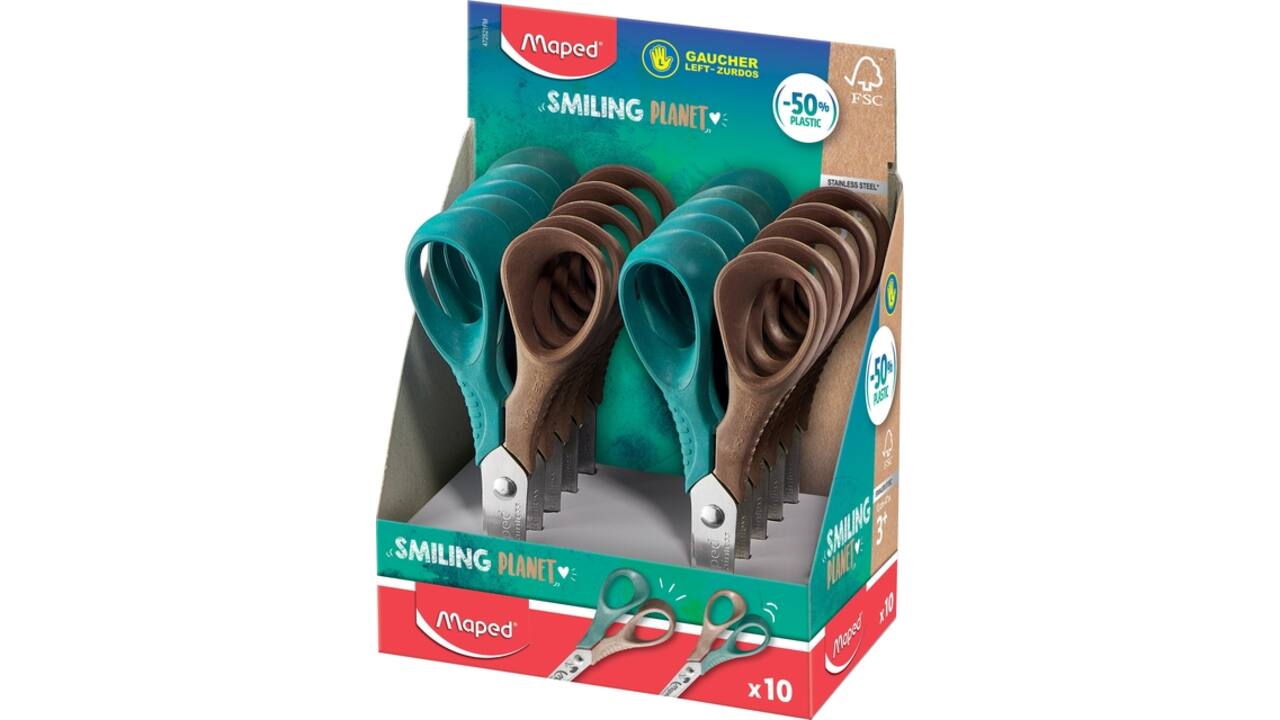 Schaar Maped Smiling Planet 12cm links display à 10 stuks assorti