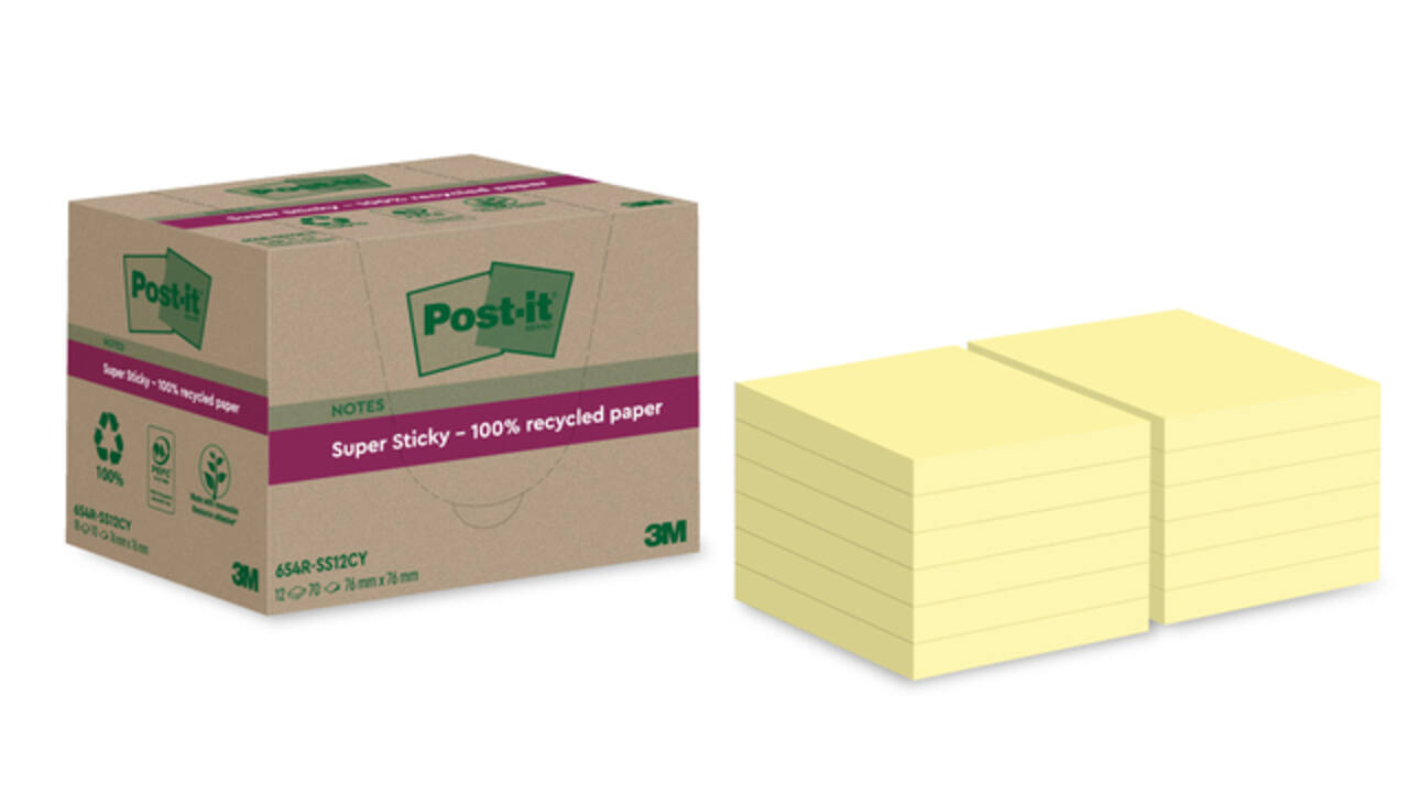 Memoblok Post-it Super Sticky 654 RSS12CY recycled 76x76mm canary yellow 12 stuks