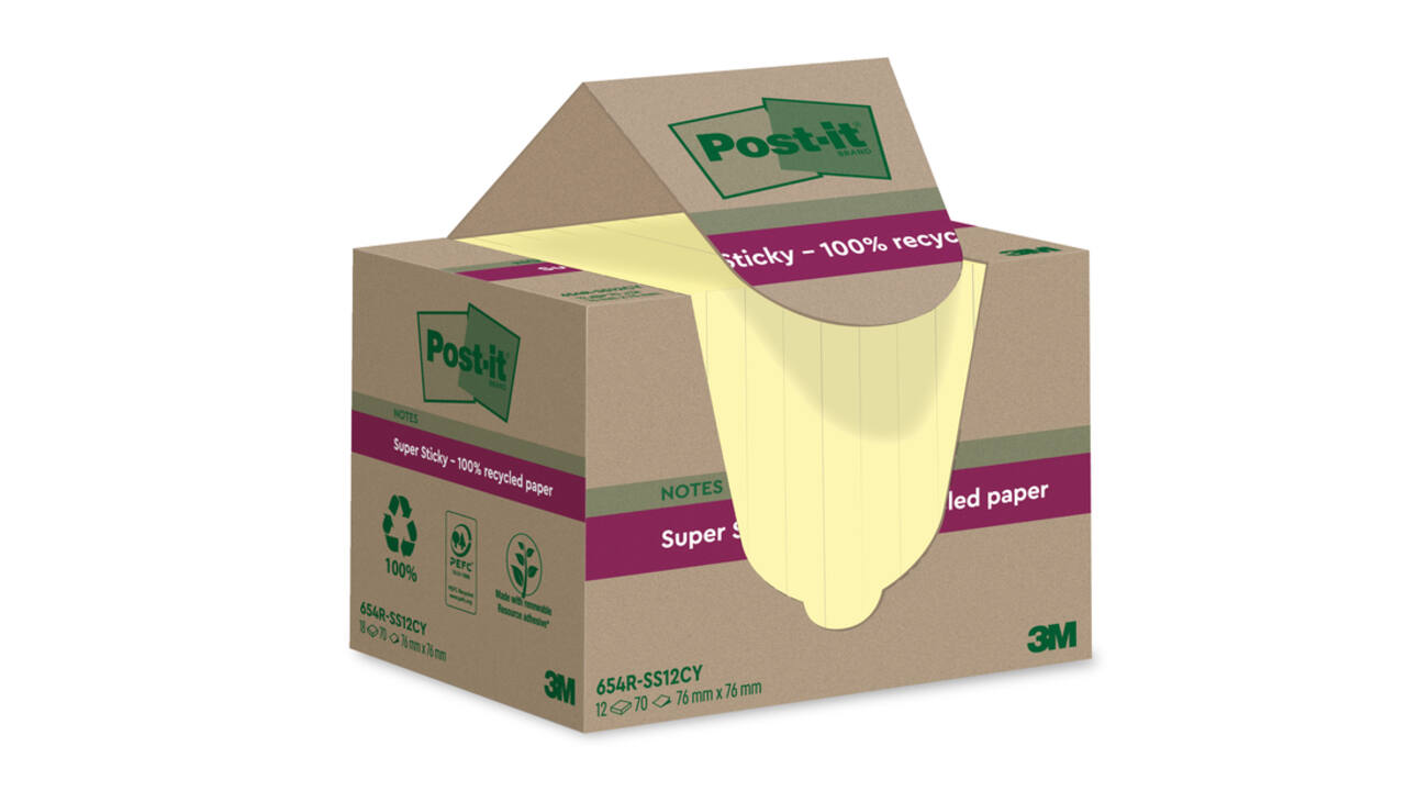 Memoblok Post-it Super Sticky 654 RSS12CY recycled 76x76mm canary yellow 12 stuks