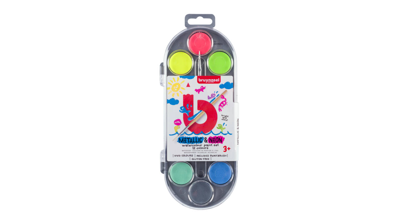 Waterverfset Bruynzeel Kids penseel assorti metallic en neon 12 napjes
