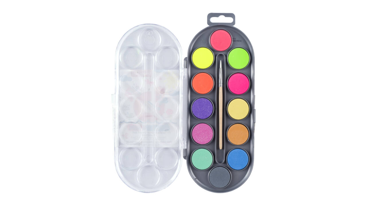 Waterverfset Bruynzeel Kids penseel assorti metallic en neon 12 napjes