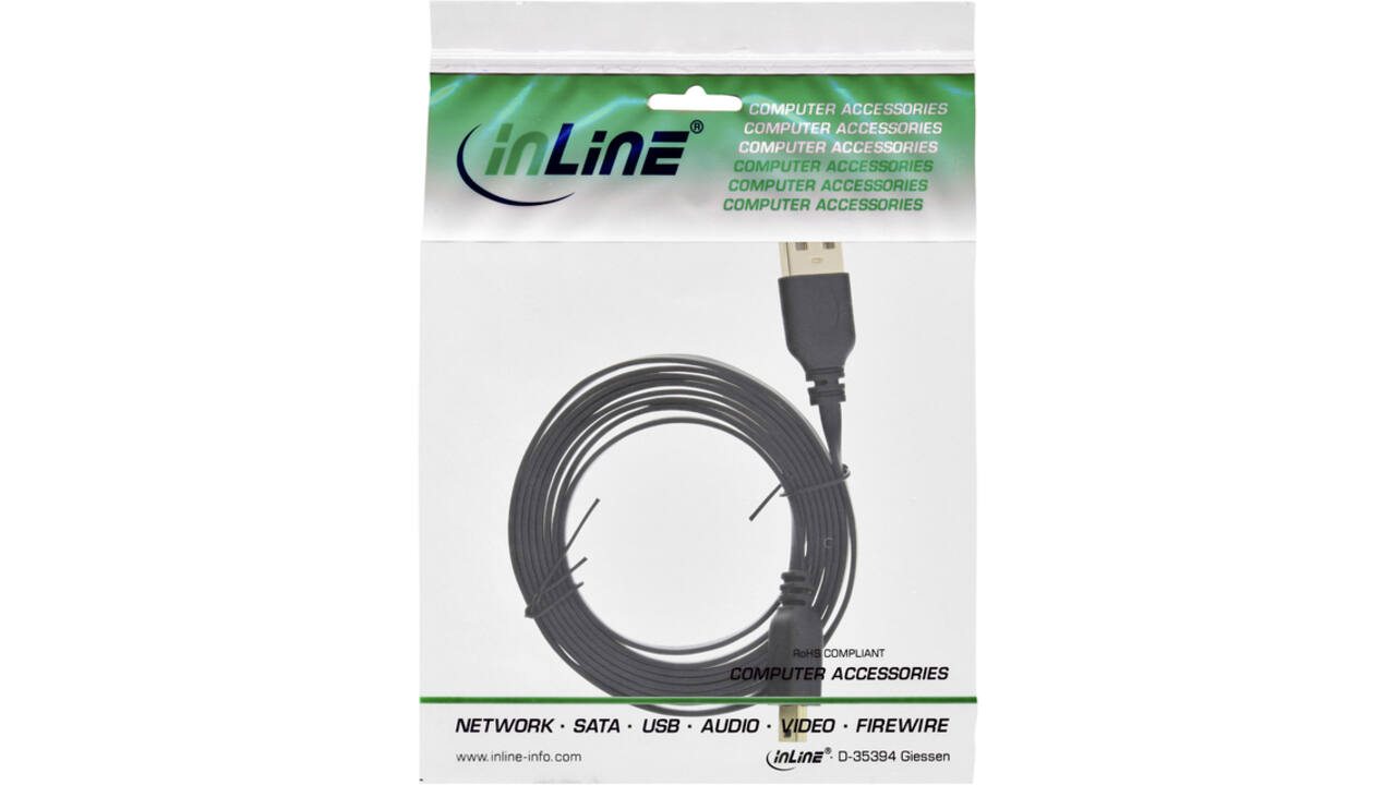 Kabel InlLne USB-A mini-B 2.0 platte kabel 2 meter zwart
