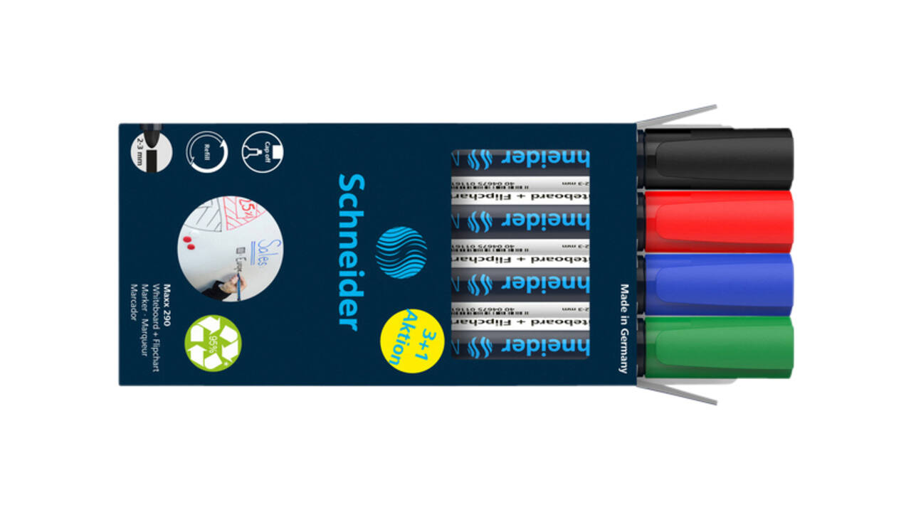 Whiteboardmarker Schneider Maxx 290 rond 2-3mm assorti 3+1 gratis