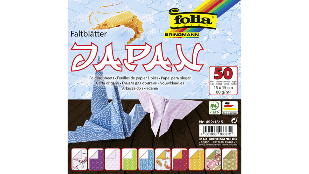 Vouwblaadjes Folia 80gr 15x15cm 50 vel 2-zijdig Japan 10 designs ass