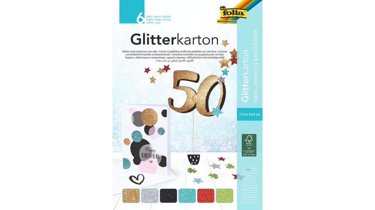 Glitterkarton Folia 174x245mm 6 vel basis assorti