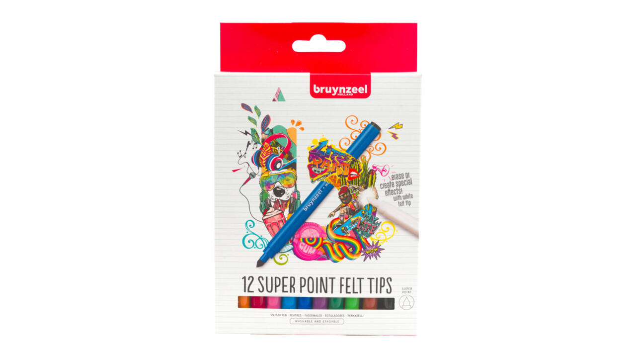 Viltstift Bruynzeel Super Point met witte wisstift assorti 12 stuks