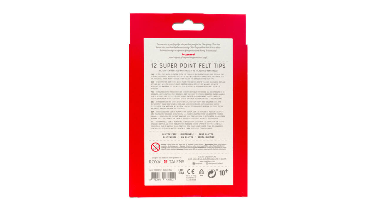 Viltstift Bruynzeel Super Point met witte wisstift assorti 12 stuks