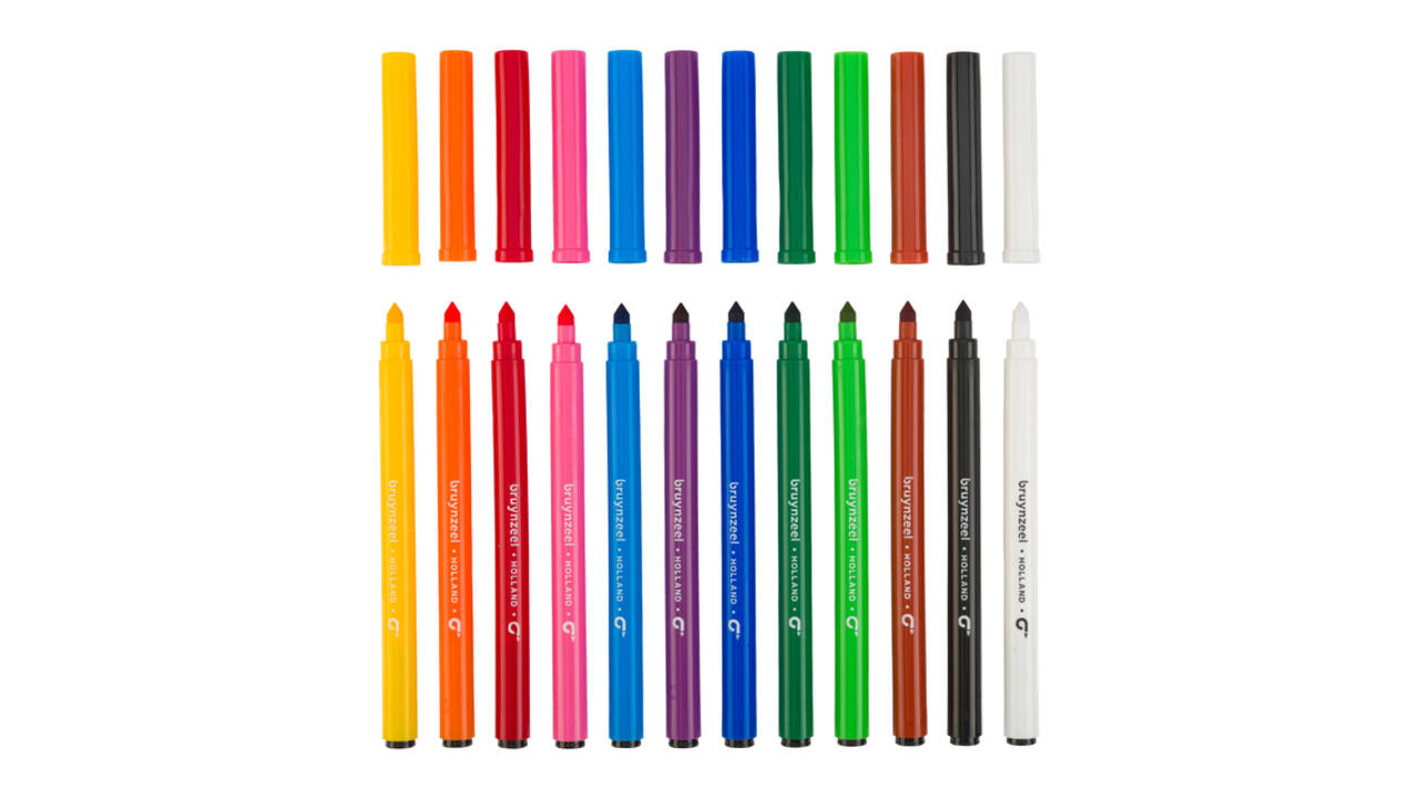 Viltstift Bruynzeel Super Point met witte wisstift assorti 12 stuks