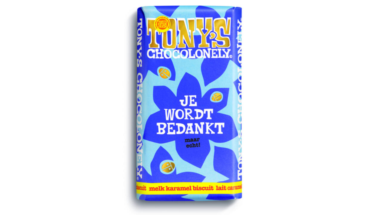 Chocolade Tony's Chocolonely je wordt bedankt reep melk karamel biscuit 180gr