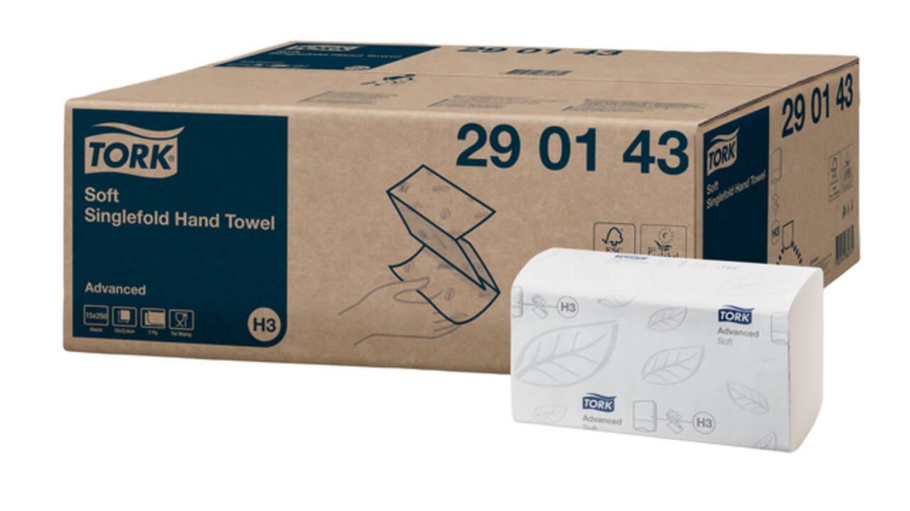 Handdoek Tork H3 Advanced singlefold 2-laags 226x230mm 15x250 vel wit 290143