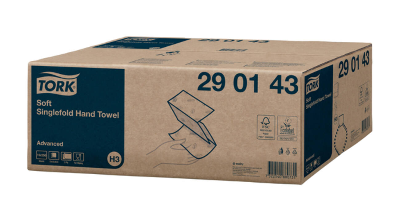 Handdoek Tork H3 Advanced singlefold 2-laags 226x230mm 15x250 vel wit 290143