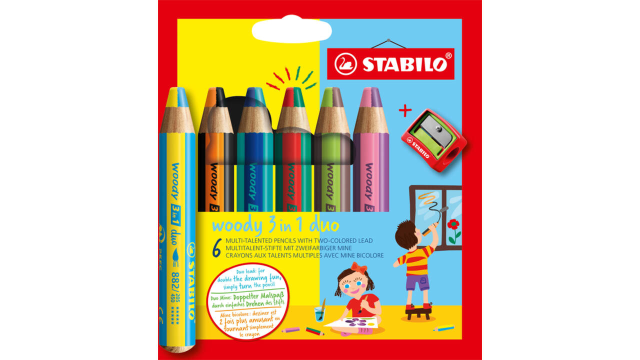 Kleurpotloden STABILO 882 woody 3 in 1 duo puntenslijper ass 6st